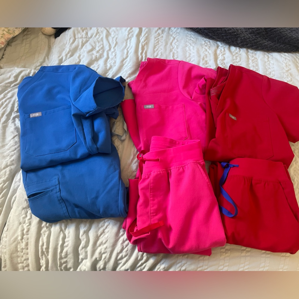 Blue, red and Pink Scrub Set. Figs